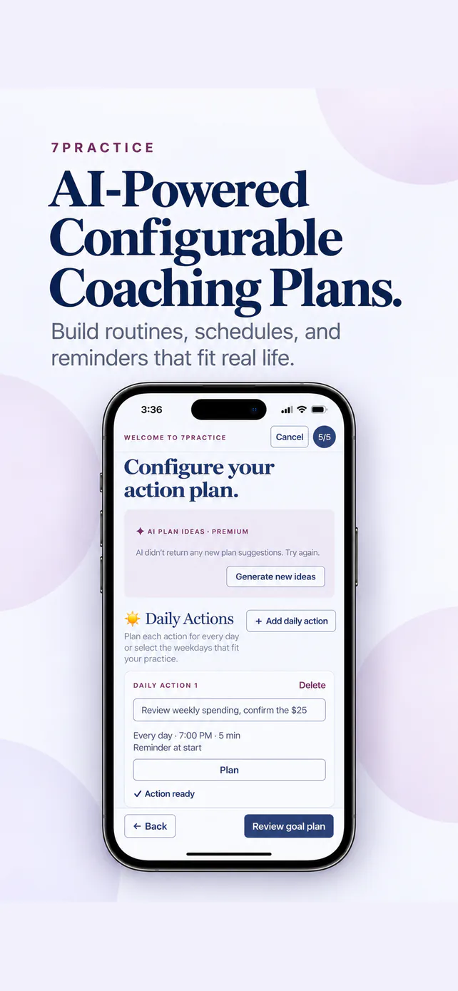 AI coaching plans screen with practical steps for a goal
