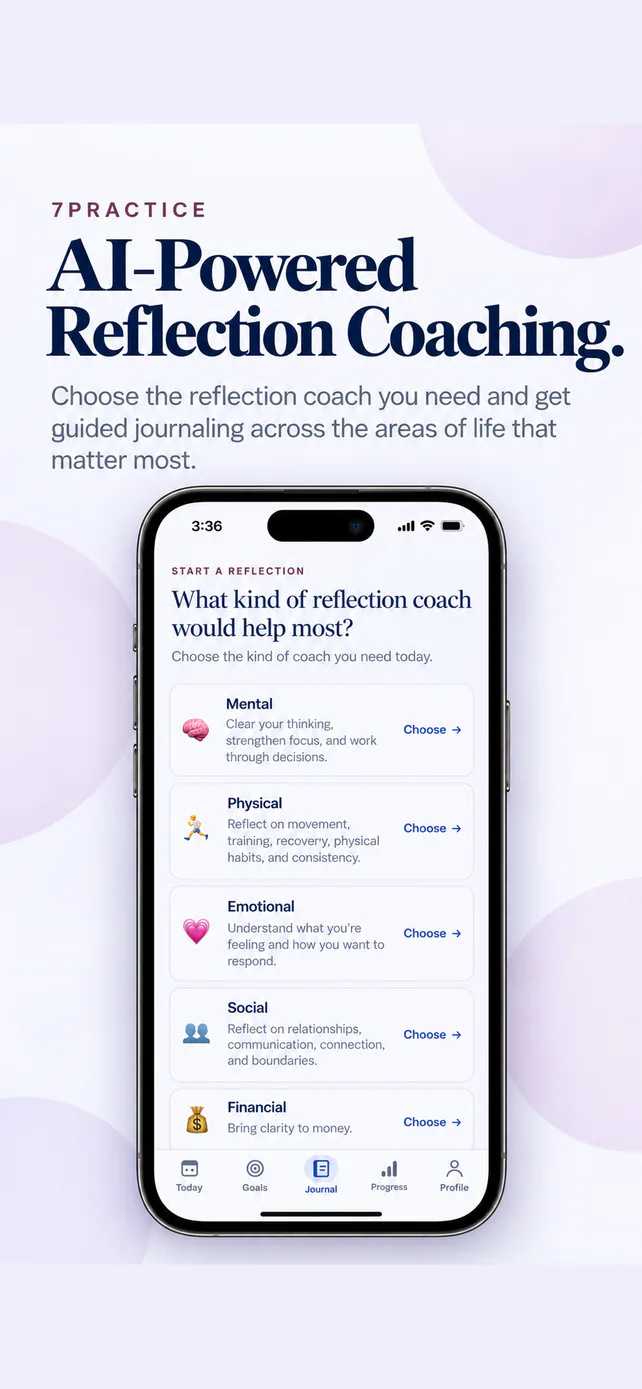 7PRACTICE AI reflection coaching screen with guided prompts