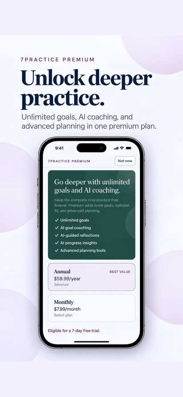 7PRACTICE Premium screen describing expanded goals and AI coaching