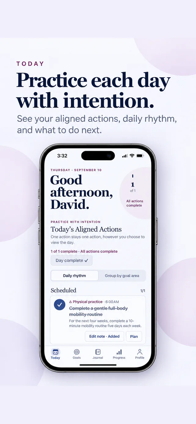 Today screen with aligned daily actions and practice progress